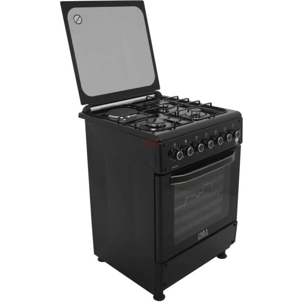 IQRA 60x60cm Cooker IQ-FC6011-BLK; 3 Gas Burners + 1 Electric Plate With Electric Oven and Grill, Oven Timer, Auto Ignition, Grill & Rotisserie - Black