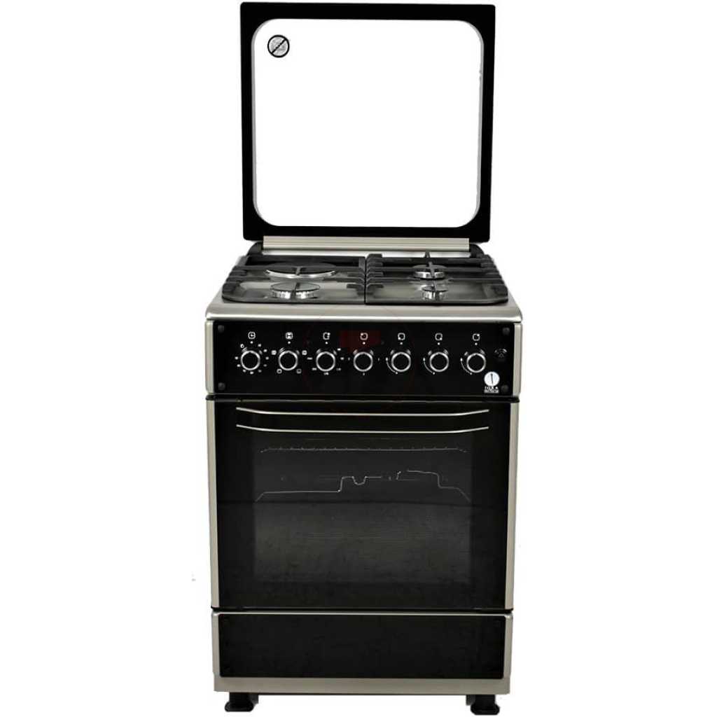IQRA 60x60cm Cooker IQ-FC6011SS; 3 Gas Burners + 1 Electric Plate With Electric Oven and Grill, Oven Timer, Auto Ignition, Grill & Rotisserie - Stainless Steel