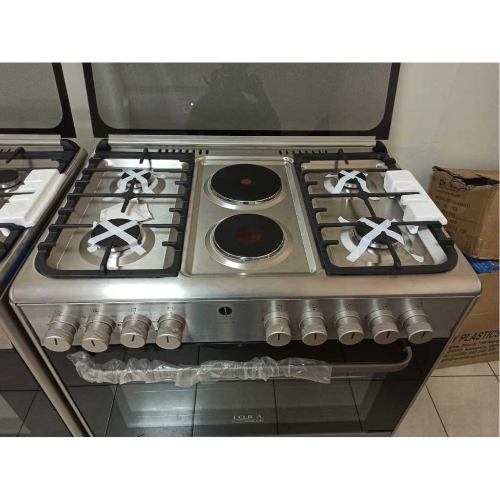 IQRA 90x60cm, 4-Gas Burners & 2 Electric Plates Cooker, Auto Ignition, Electric Oven, Dual Fan, Grill & Rotisserie - Stainless Steel