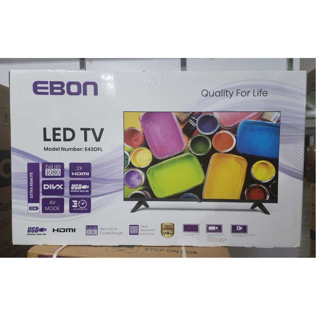 EBON 43-Inch Digital TV E43DFL; Frameless, HD- ready LED TV, 2- Remote Controls, AC/DC, 2- HDMI Ports, USB, Inbuilt Free To Air Decoder - Black