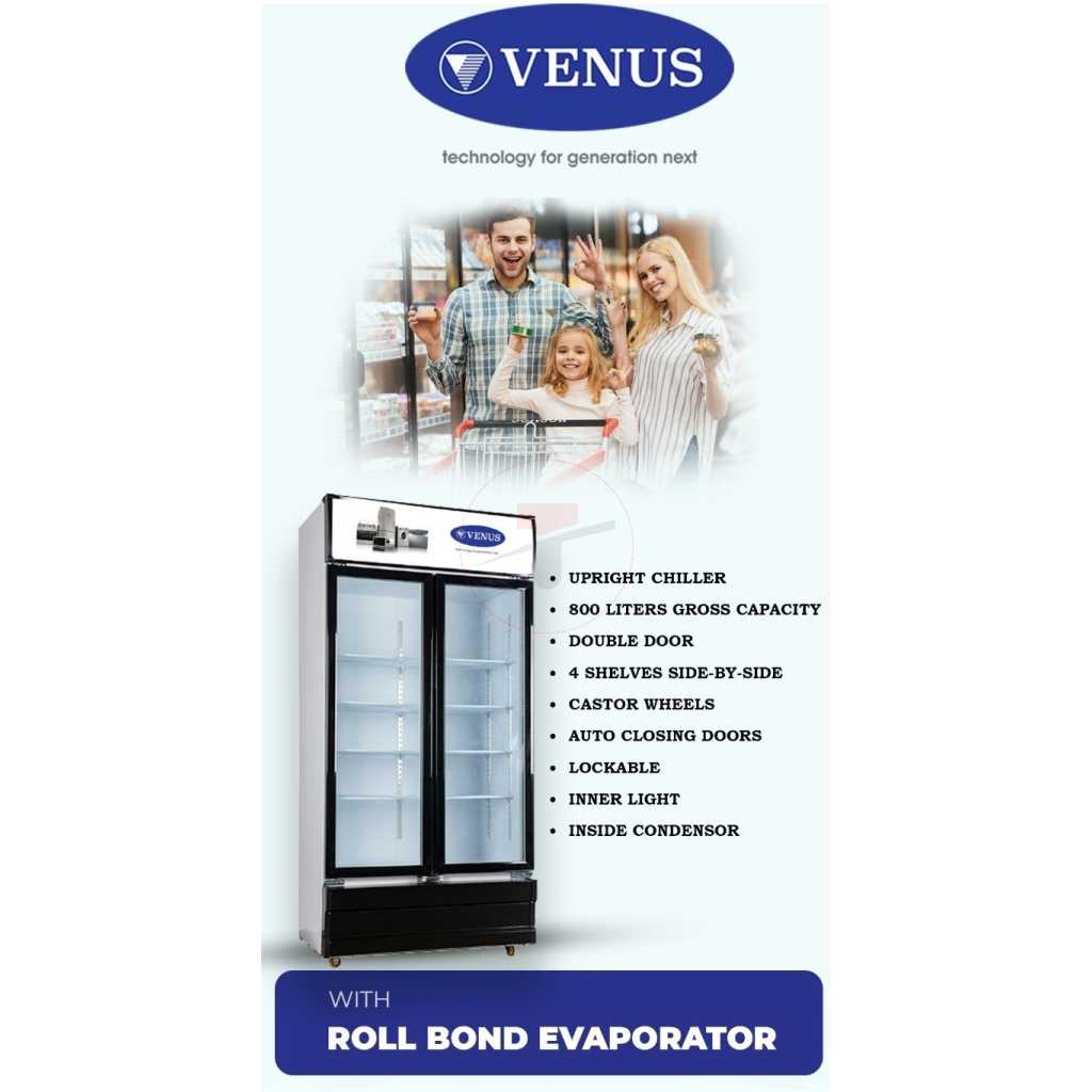 Venus 800-Litre Double Display Cooler VUSC800; Vertical Display Chiller, Double Door Showcase Refrigerator - Black