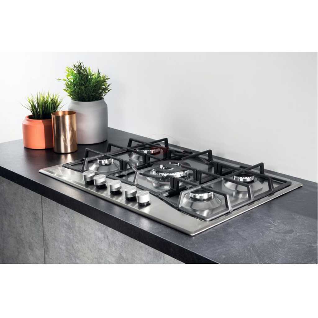 Ariston 75cm 5-Gas Burners Built-in Gas Hob PCN 751 T/IX/A; Gas Cooker, Auto Ignition, Safety Device For Flame Failure Protection, Cast Iron Pan Supports - Stainless Steel