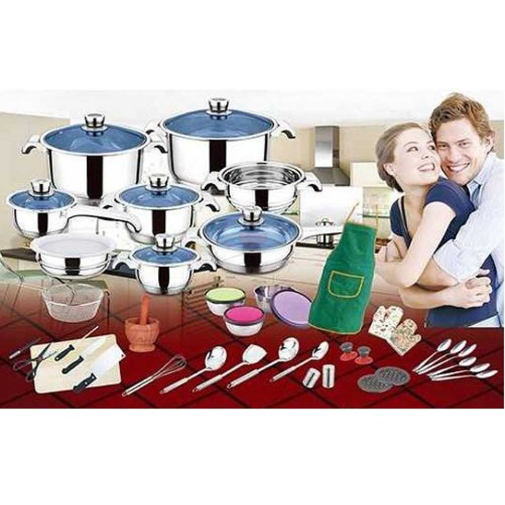 50pcs Stainless Steel Cookware Sets Cooking Frying Pans Pots Saucepan Nonstick- Silver