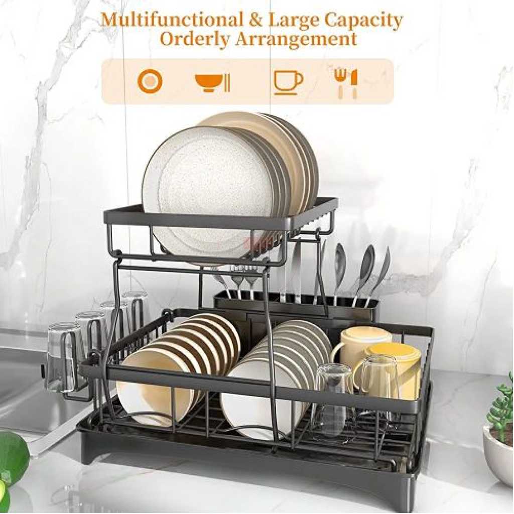 Dish Drying Rack, 2 Tier Dish Racks For Kitchen Counter Dish Drainer With Drainboard Set, Utensils Holder, Glass Holder, Rustproof, Black