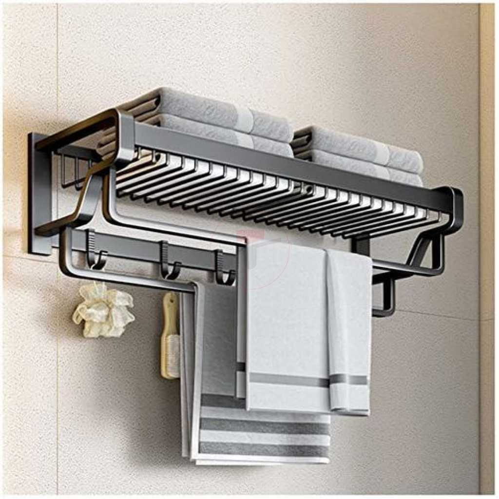 Wall Mounted Kitchen Bathroom Towel Rack Basket Shelf Storage Holder Organizer With Double Bars And Hooks- Black