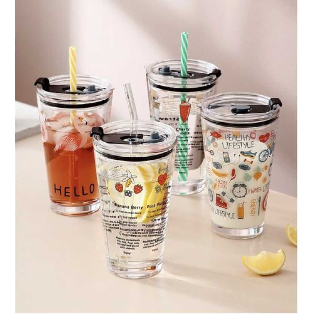 450ML Reusable Smoothie Cup, Glass Shake Tumbler With Plastic Lid- Colorles