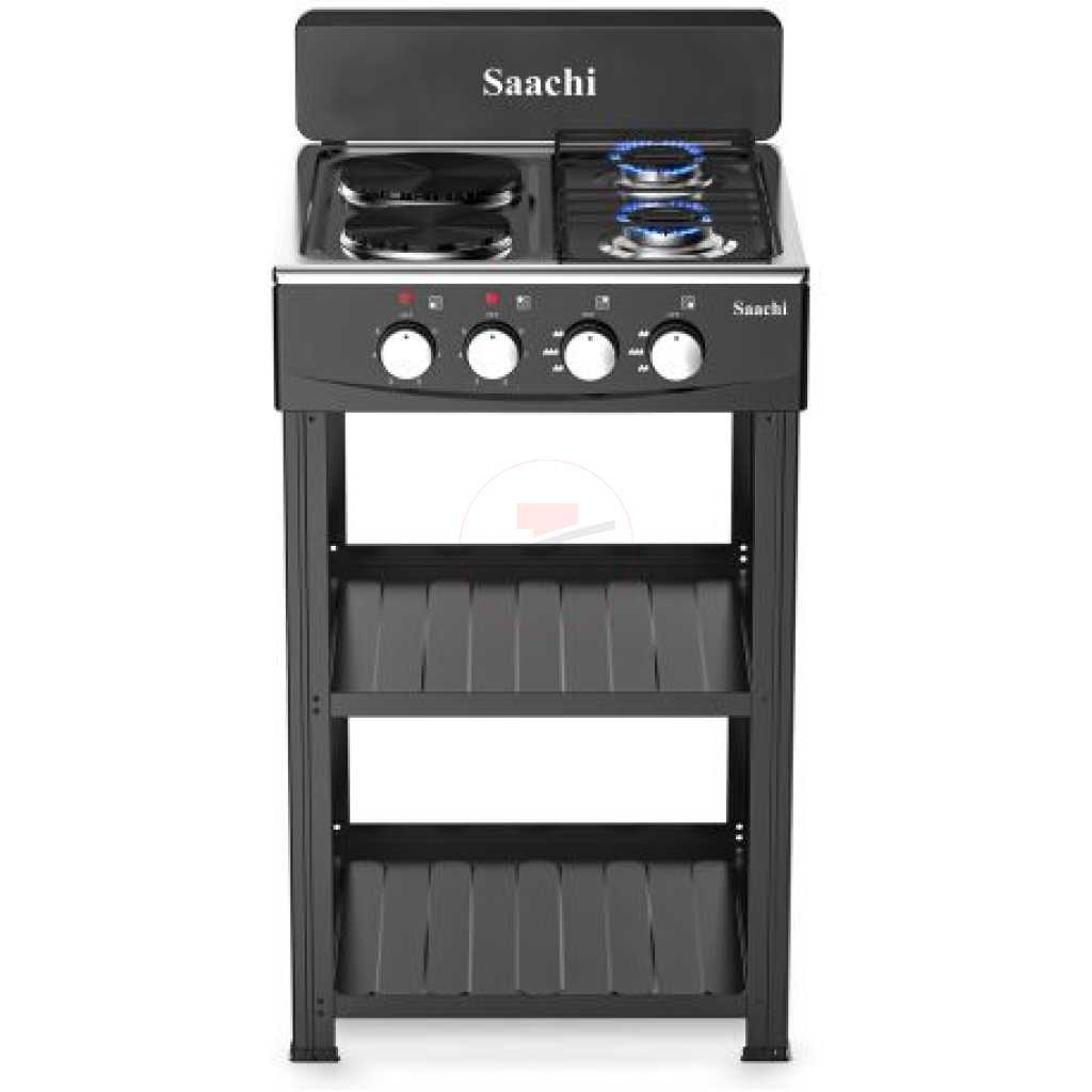 Saachi Stainless Steel Gas Burner With 2 Gas Tops, 2 Hot Plates & Shelves NL-GAS-5358 - Black