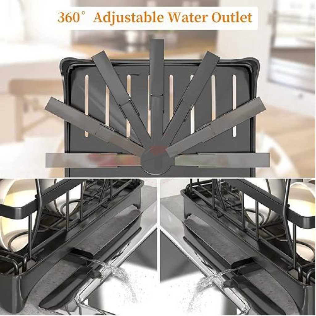 Dish Drying Rack, 2 Tier Dish Racks For Kitchen Counter Dish Drainer With Drainboard Set, Utensils Holder, Glass Holder, Rustproof, Black