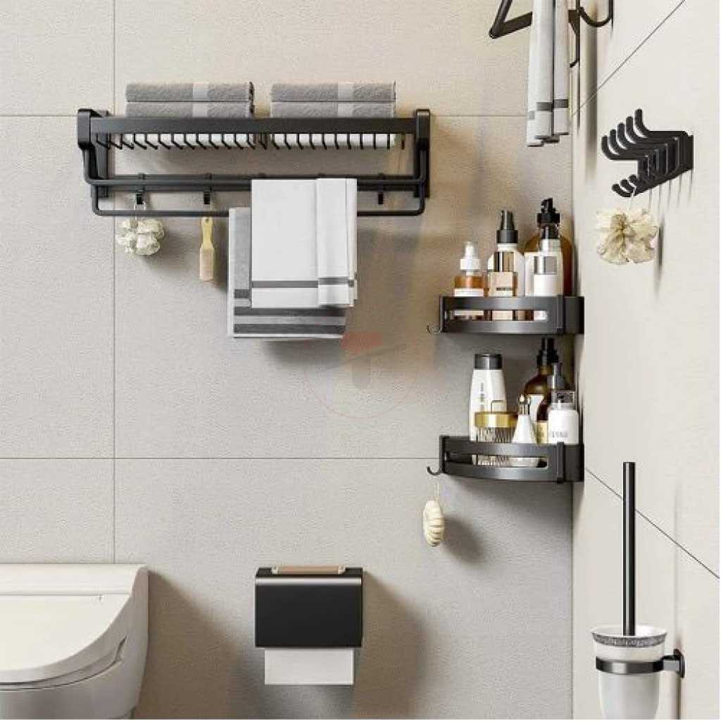 Wall Mounted Kitchen Bathroom Towel Rack Basket Shelf Storage Holder Organizer With Double Bars And Hooks- Black