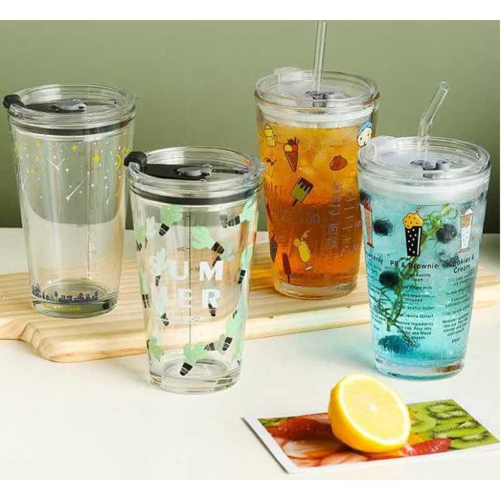 450ML Reusable Smoothie Cup, Glass Shake Tumbler With Plastic Lid- Colorles