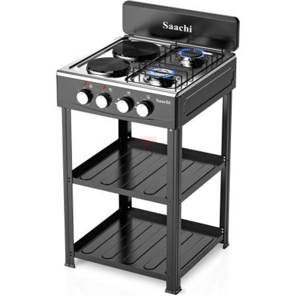 Saachi Stainless Steel Gas Burner With 2 Gas Tops, 2 Hot Plates & Shelves NL-GAS-5358 - Black