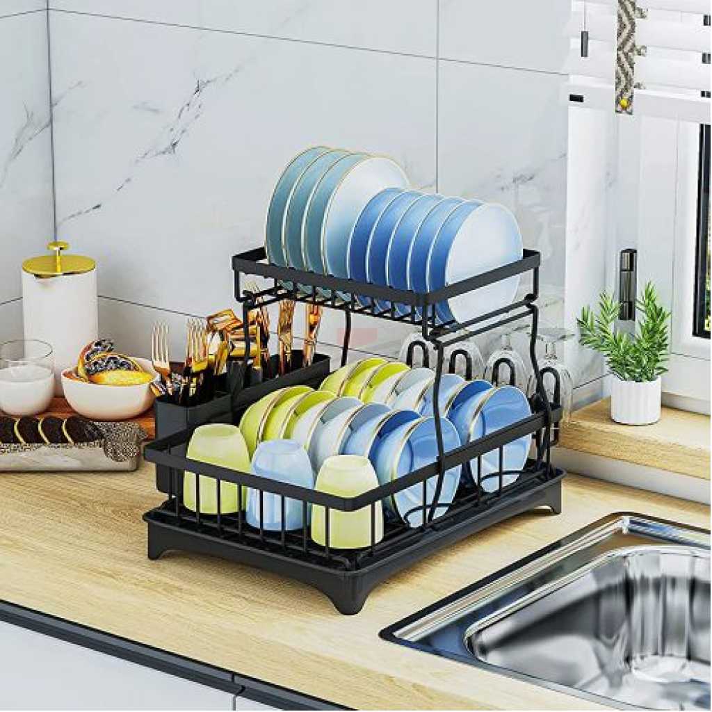 Dish Drying Rack, 2 Tier Dish Racks For Kitchen Counter Dish Drainer With Drainboard Set, Utensils Holder, Glass Holder, Rustproof, Black