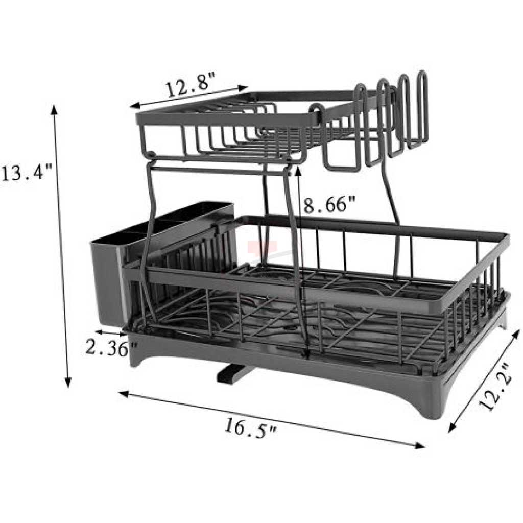 Dish Drying Rack, 2 Tier Dish Racks For Kitchen Counter Dish Drainer With Drainboard Set, Utensils Holder, Glass Holder, Rustproof, Black