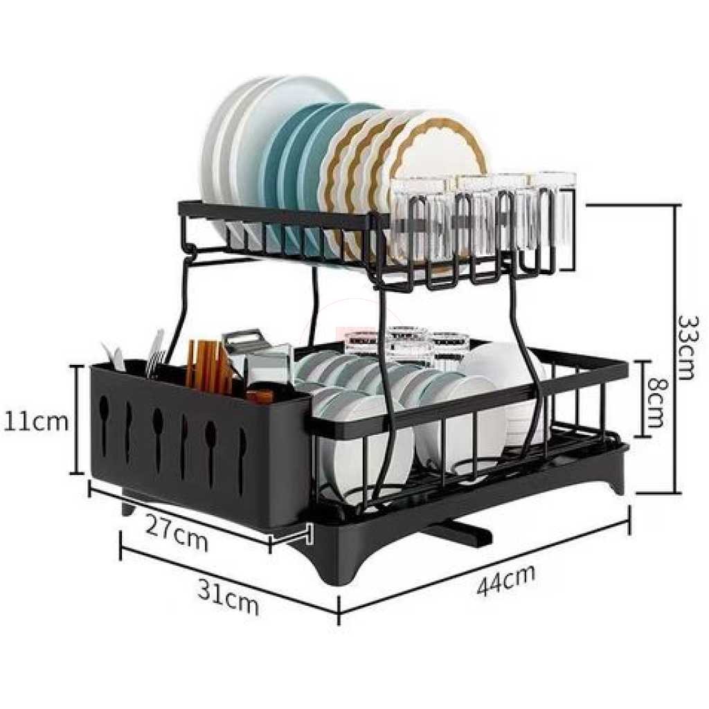 Dish Drying Rack, 2 Tier Dish Racks For Kitchen Counter Dish Drainer With Drainboard Set, Utensils Holder, Glass Holder, Rustproof, Black