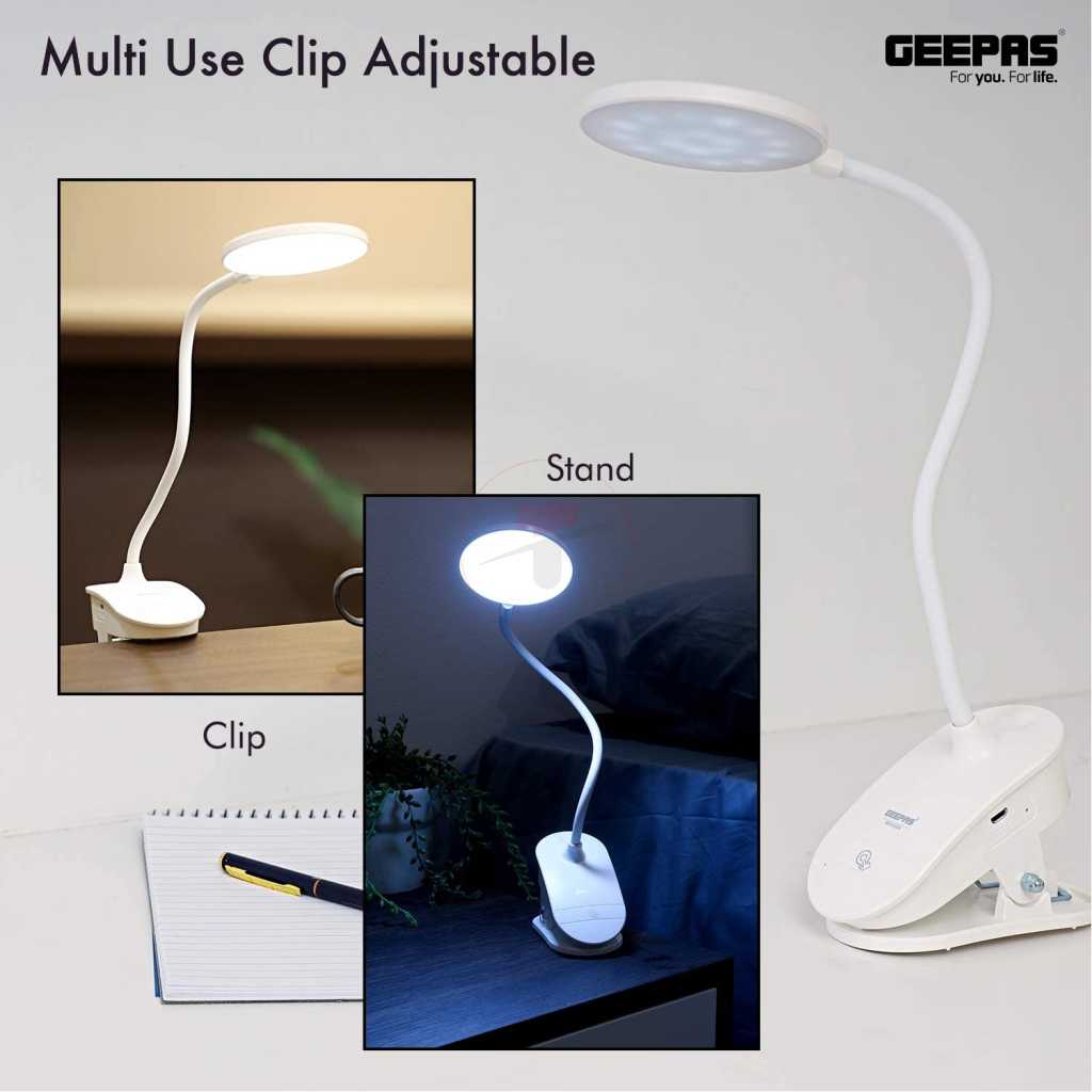 Geepas GE53026 Rechargeable Desk Lamp, 1200mAh, 1.8W, Book Light with Clip | Touch Sensitive Control 3 Brightness Eye-Protect Night Light |Portable SMD LED Lamp for E-Reader