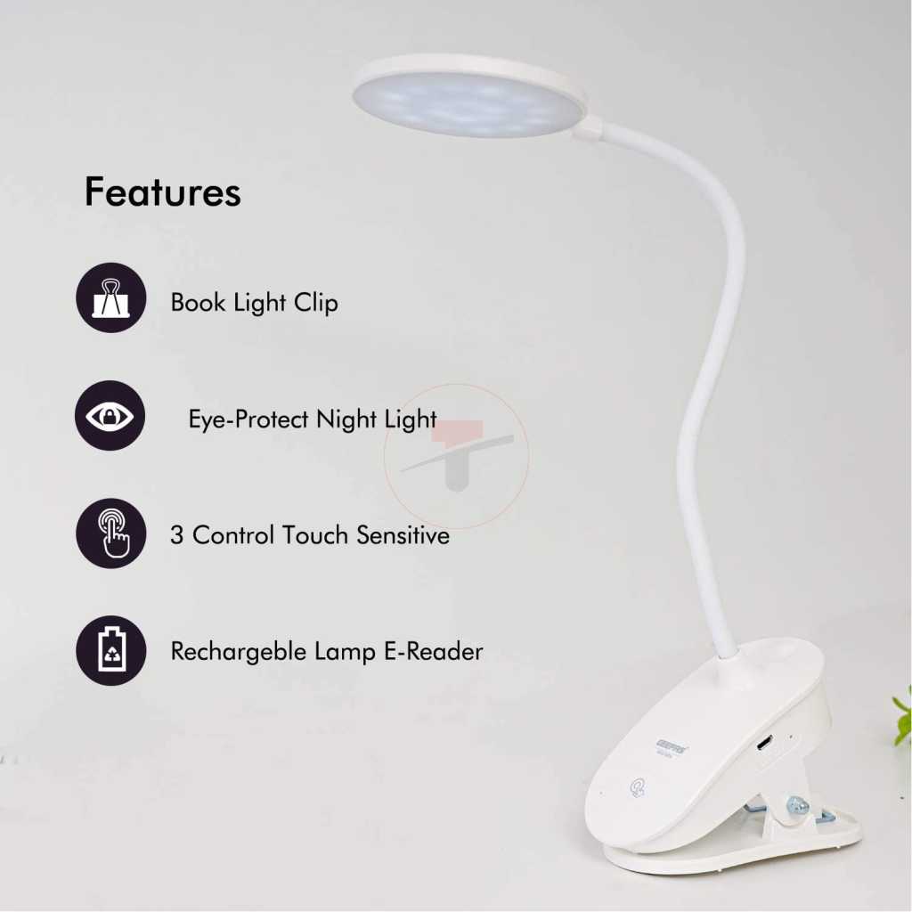 Geepas GE53026 Rechargeable Desk Lamp, 1200mAh, 1.8W, Book Light with Clip | Touch Sensitive Control 3 Brightness Eye-Protect Night Light |Portable SMD LED Lamp for E-Reader