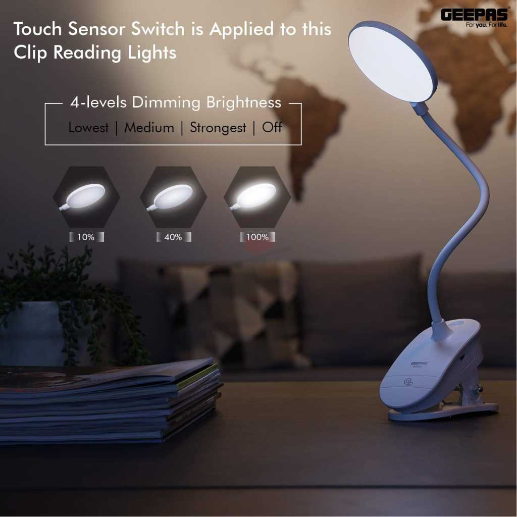 Geepas GE53026 Rechargeable Desk Lamp, 1200mAh, 1.8W, Book Light with Clip | Touch Sensitive Control 3 Brightness Eye-Protect Night Light |Portable SMD LED Lamp for E-Reader