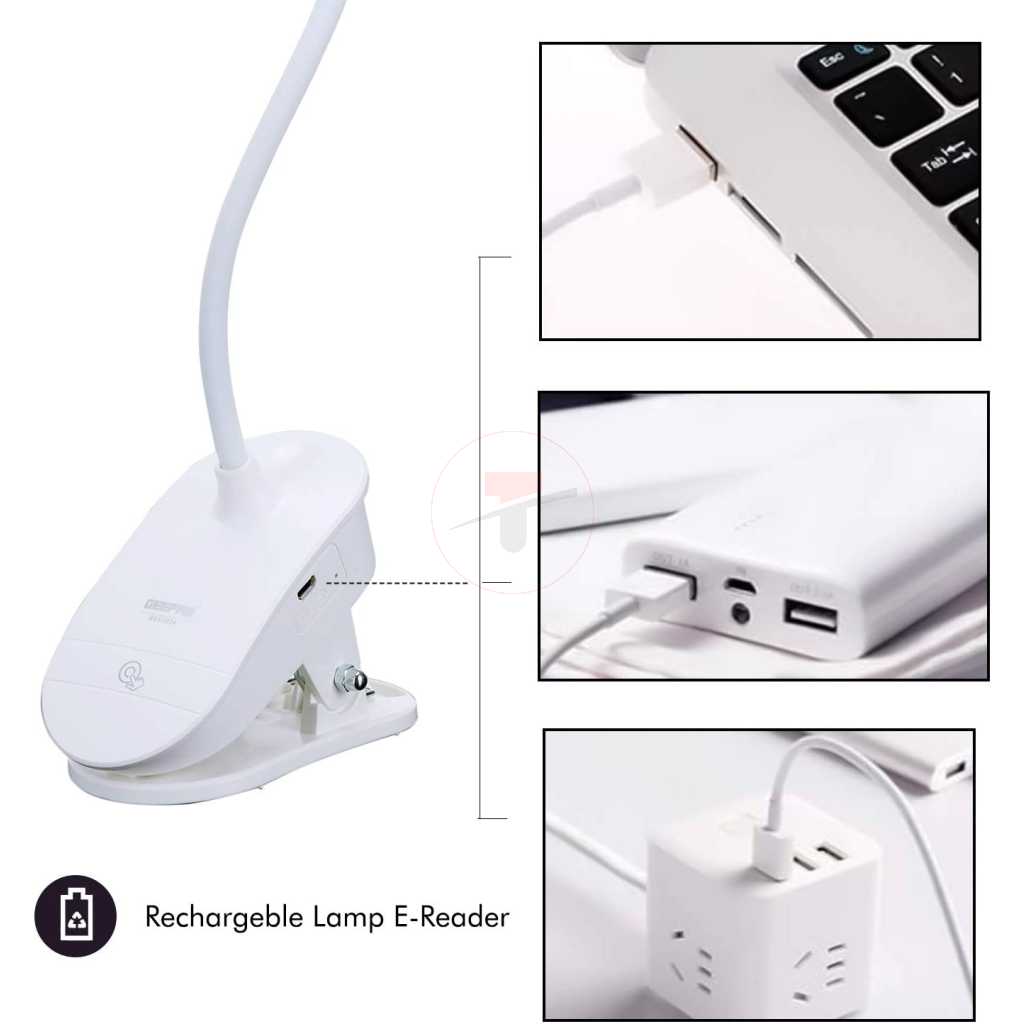 Geepas GE53026 Rechargeable Desk Lamp, 1200mAh, 1.8W, Book Light with Clip | Touch Sensitive Control 3 Brightness Eye-Protect Night Light |Portable SMD LED Lamp for E-Reader