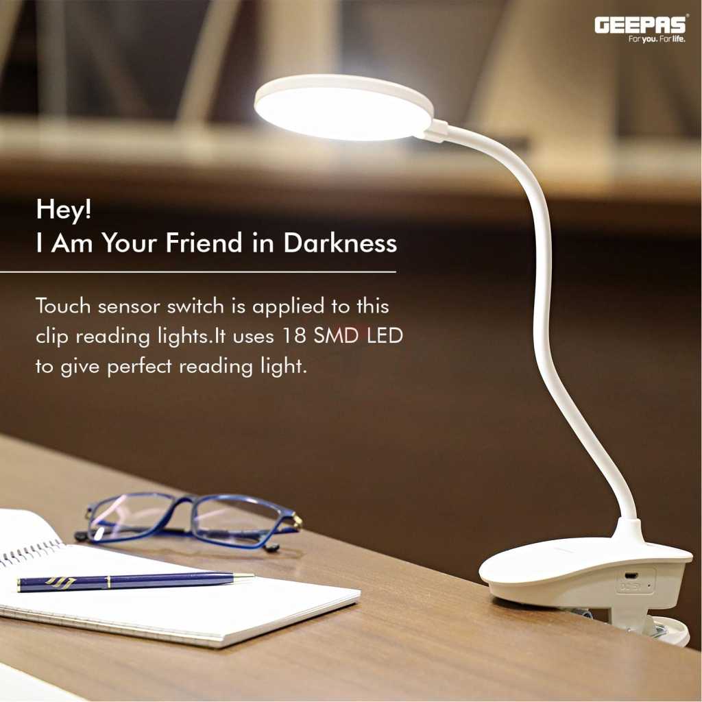 Geepas GE53026 Rechargeable Desk Lamp, 1200mAh, 1.8W, Book Light with Clip | Touch Sensitive Control 3 Brightness Eye-Protect Night Light |Portable SMD LED Lamp for E-Reader