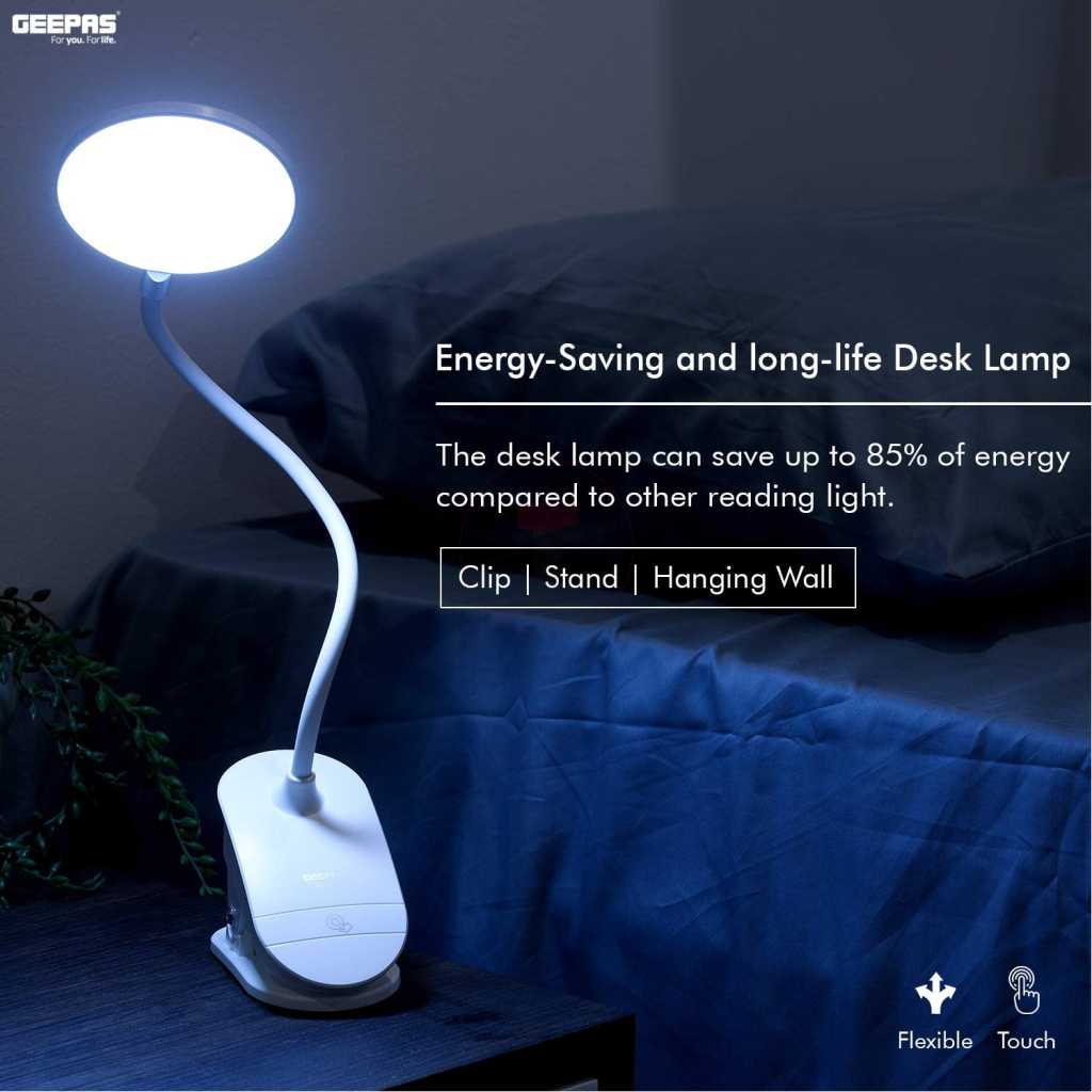 Geepas GE53026 Rechargeable Desk Lamp, 1200mAh, 1.8W, Book Light with Clip | Touch Sensitive Control 3 Brightness Eye-Protect Night Light |Portable SMD LED Lamp for E-Reader