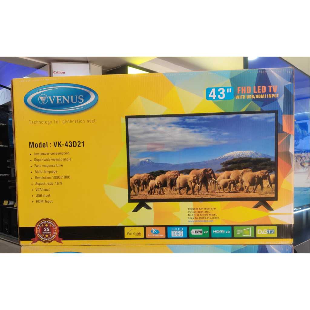 Venus Japan 43-Inch Digital TV VK-43D21; Full High Definition; 3-HDMI, 2-USB, VGA, Digital Tuner DVB-T2, Inbuilt Free To Air Decoder - Made in Japan