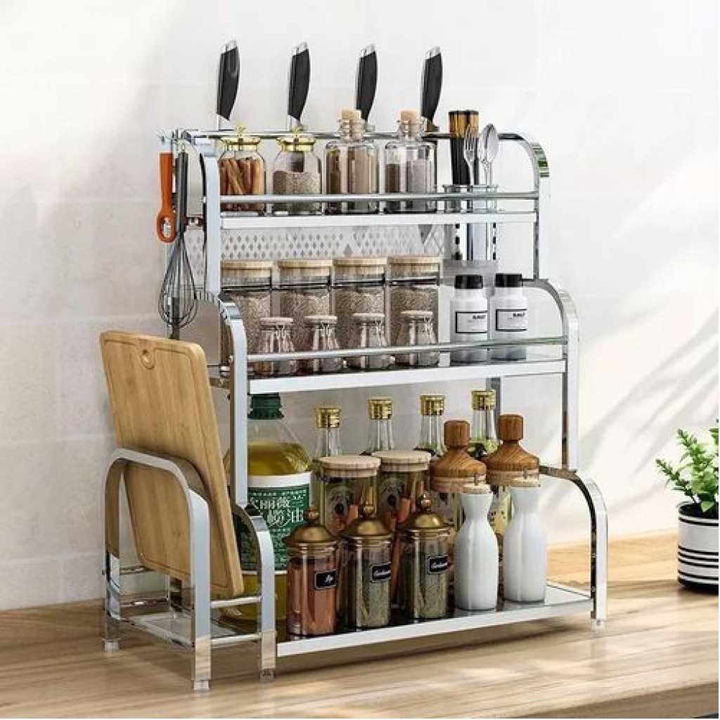 3 Tier Spice Rack Organizer Spice Jars Bottle Stand Holder Kitchen Storage Shelves + Hanging Hooks- Multi-colour.