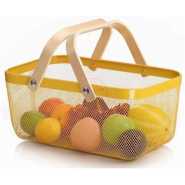 Rectangle Metal Mesh Fruit Shopping Wooden Handle Storage Basket- Multi-colour.