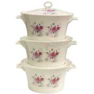 3 Piece Pink Flowered Soup Food Serving Dishes Bowls Casserole Pots- White