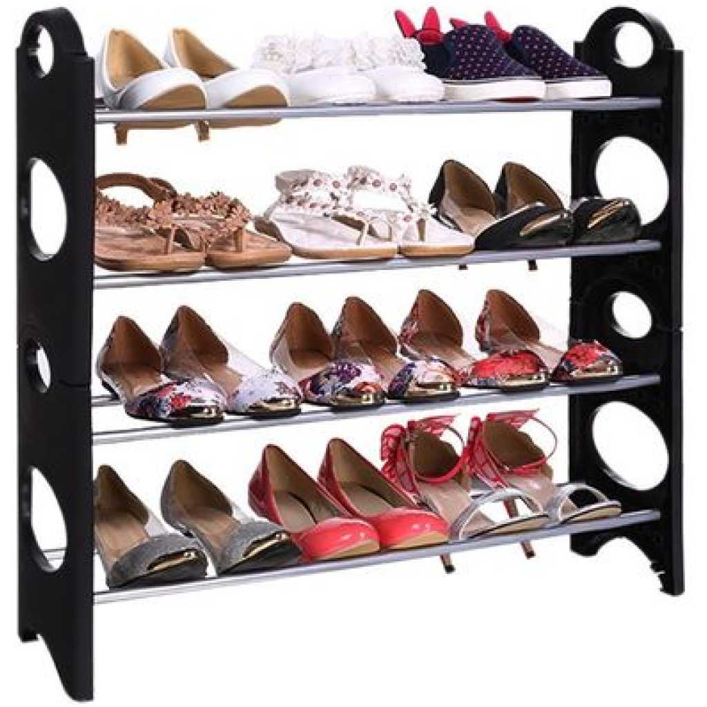 4 Tier Shoe Rack Storage Portable 4 Layer Shoe Rack Organizer- Black