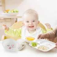 Children Tableware Dinner Set 6 in 1 Feeding Series Plate Cup Bowl Spoons Tray Gift Pack- White
