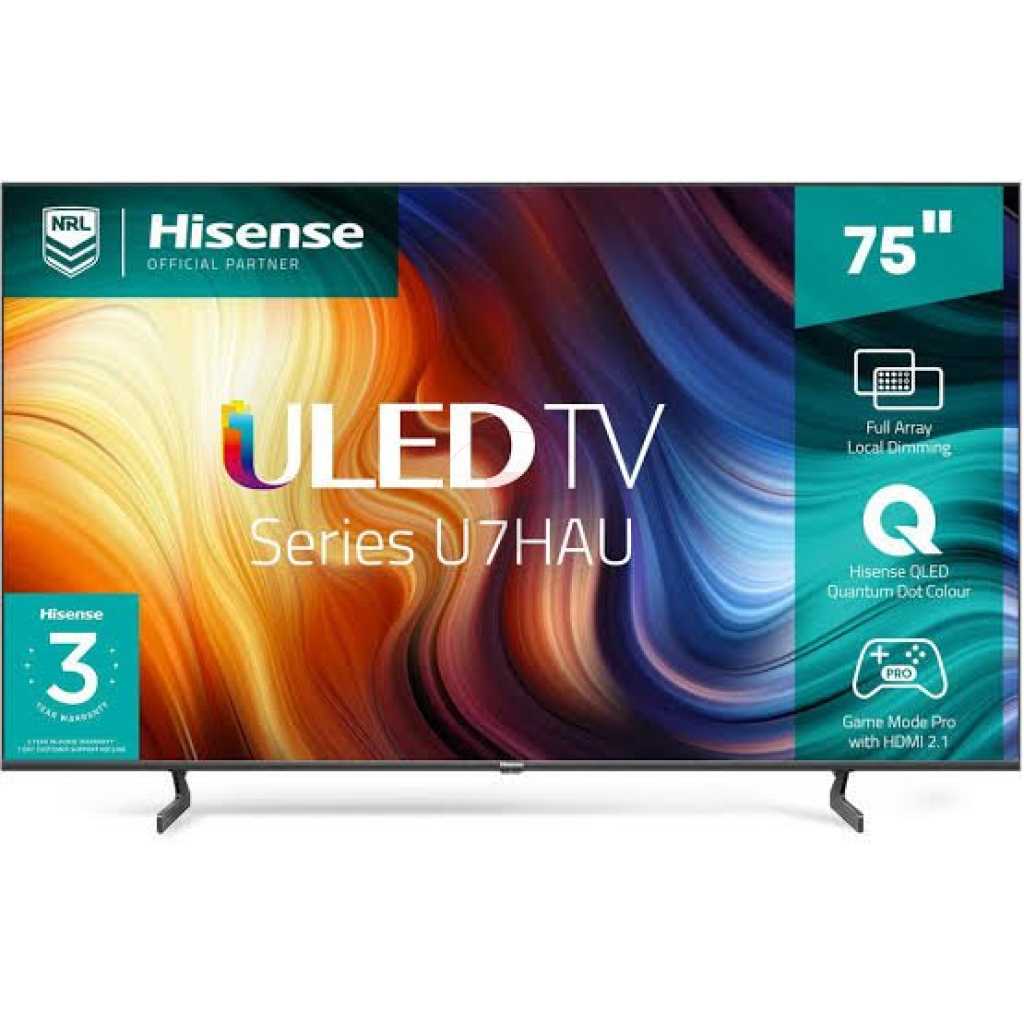 Hisense 75-Inch TV; ULED Premium Quantum Dot 4K UHD Smart 75U7H, Youtube, Netflix Bluetooth, USB, HDMI, Ethernet, Inbuilt Digital Reciver  - Black