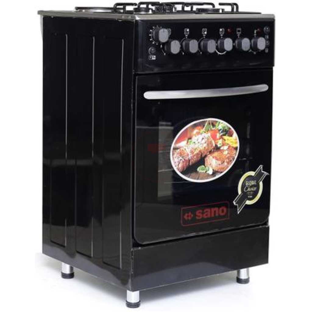 Sano 55X55 3 Gas 1 Electric Cooker; Electric Oven & Grill, Rotisserie, Auto Ignition, Timer, 2 Oven Trays - Black