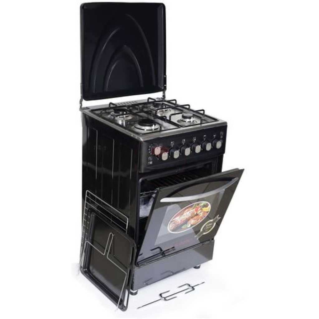 Sano 55X55 Full Gas Cooker With Rotisserie, Electric Oven & Grill, Auto Ignition, Oven Lamp, Timer, 2 Oven Trays - Black