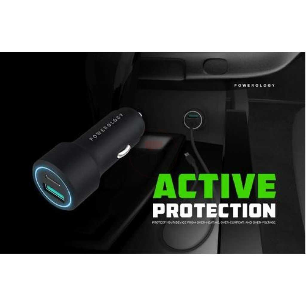 Powerology Car Charger Dual Port Type C PD Fast Charging 3.0 - Black