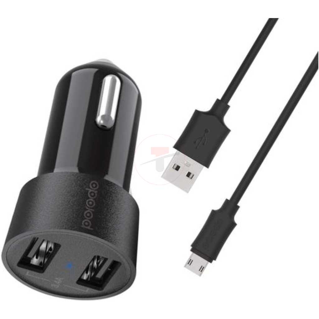 Porodo PD-M8J622M-BK - Dual USB Car Charger 3.4A with 4ft Micro USB Cable - Black