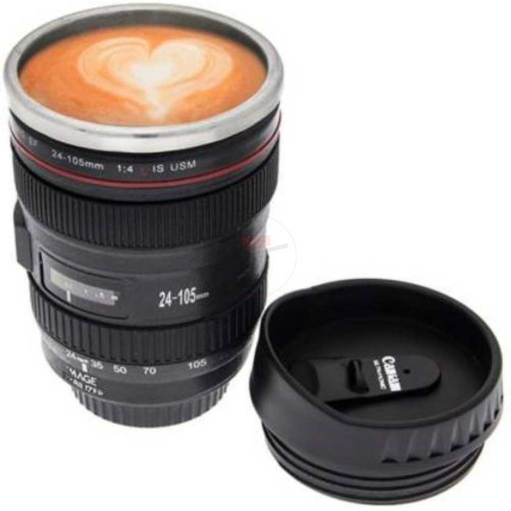 Photographer Camera Lens Coffee Mug -13.5oz Stainless Steel Thermos, Sealed & Retractable Lids! Photographer Travel Tea Cup - Black