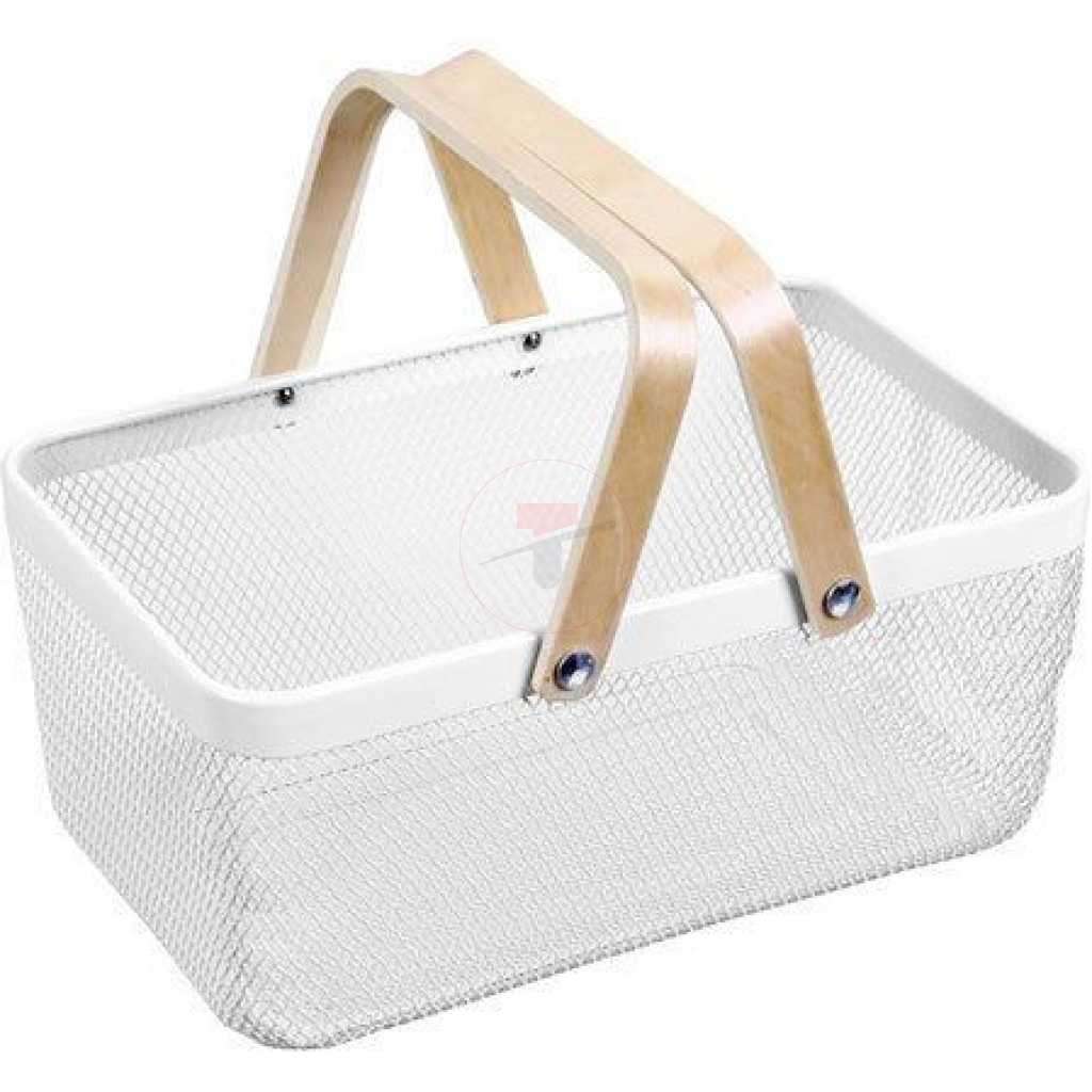 Rectangle Metal Mesh Fruit Shopping Wooden Handle Storage Basket- Multi-colour.