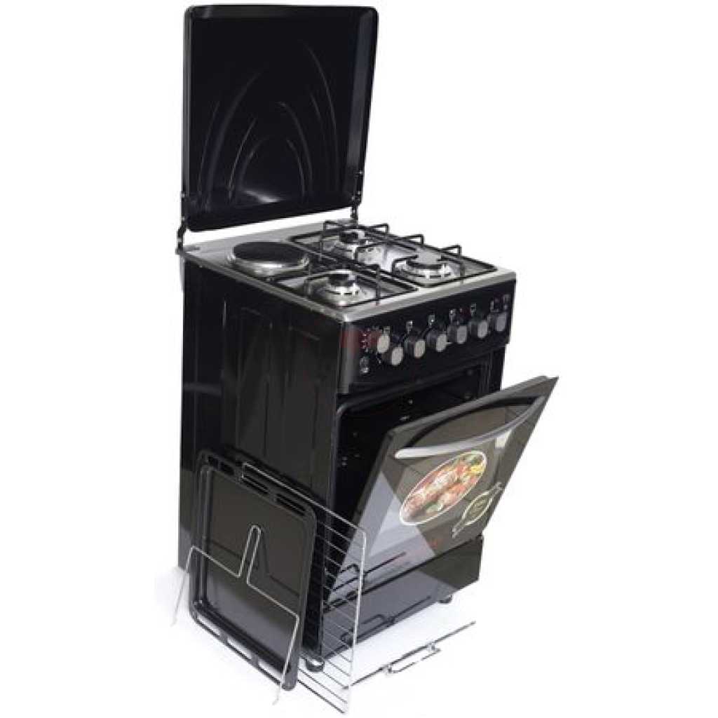 Sano 55X55 3 Gas 1 Electric Cooker; Electric Oven & Grill, Rotisserie, Auto Ignition, Timer, 2 Oven Trays - Black