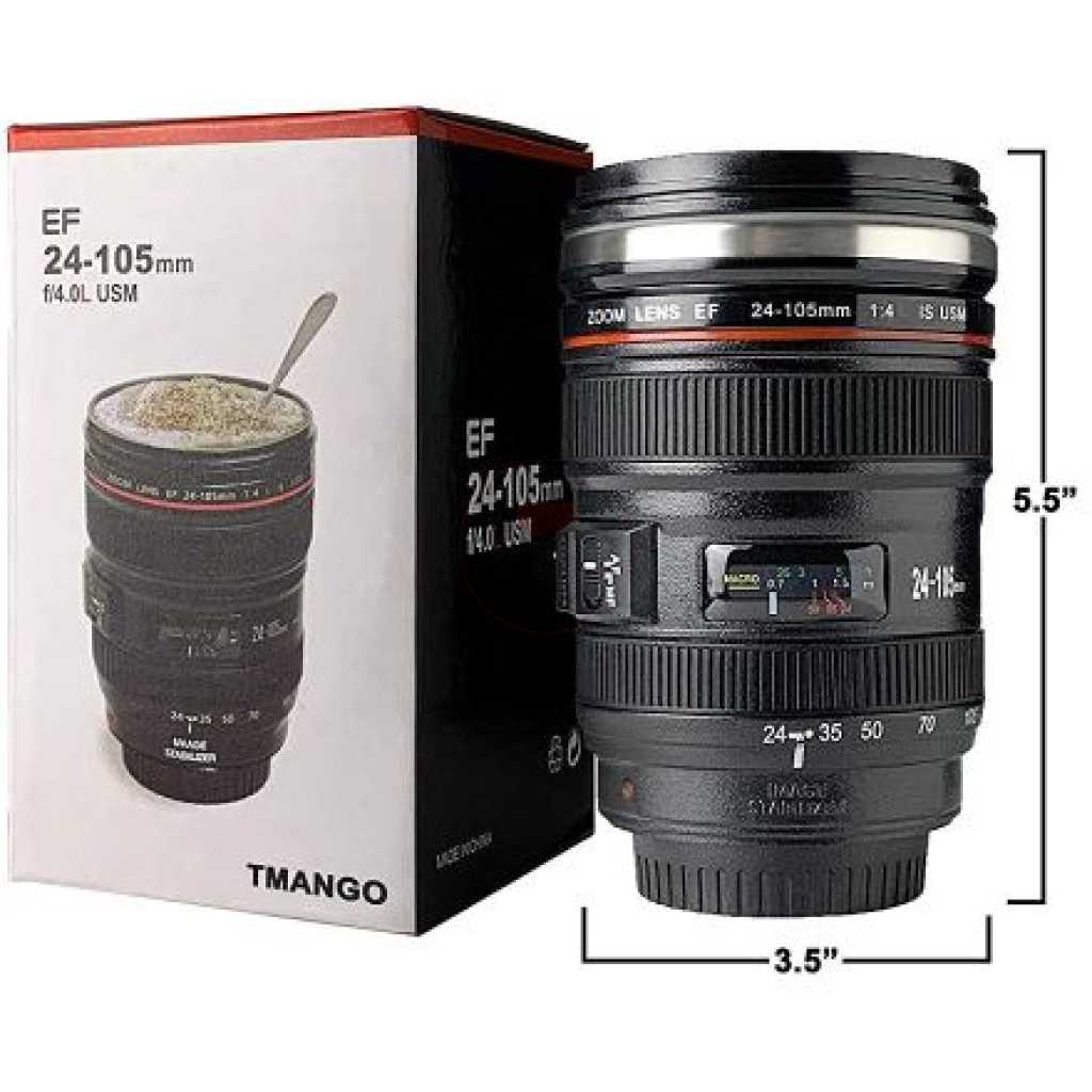 Photographer Camera Lens Coffee Mug -13.5oz Stainless Steel Thermos, Sealed & Retractable Lids! Photographer Travel Tea Cup - Black