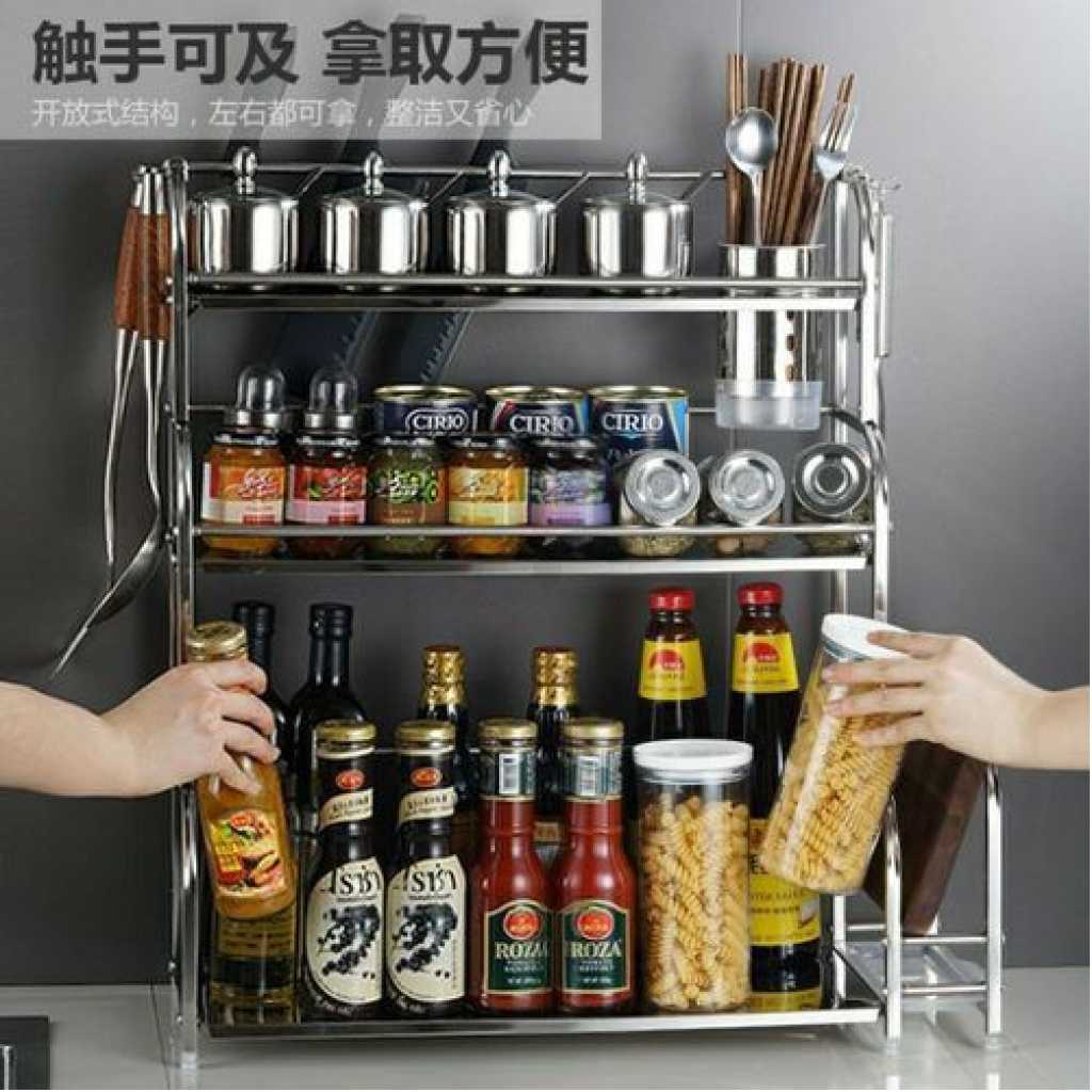 3 Tier Spice Rack Organizer Spice Jars Bottle Stand Holder Kitchen Storage Shelves + Hanging Hooks- Multi-colour.