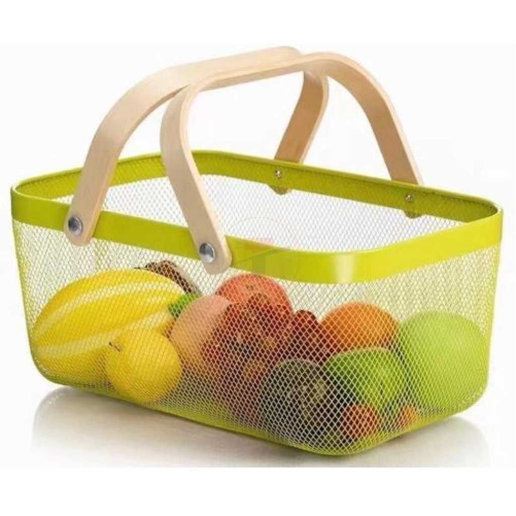 Rectangle Metal Mesh Fruit Shopping Wooden Handle Storage Basket- Multi-colour.