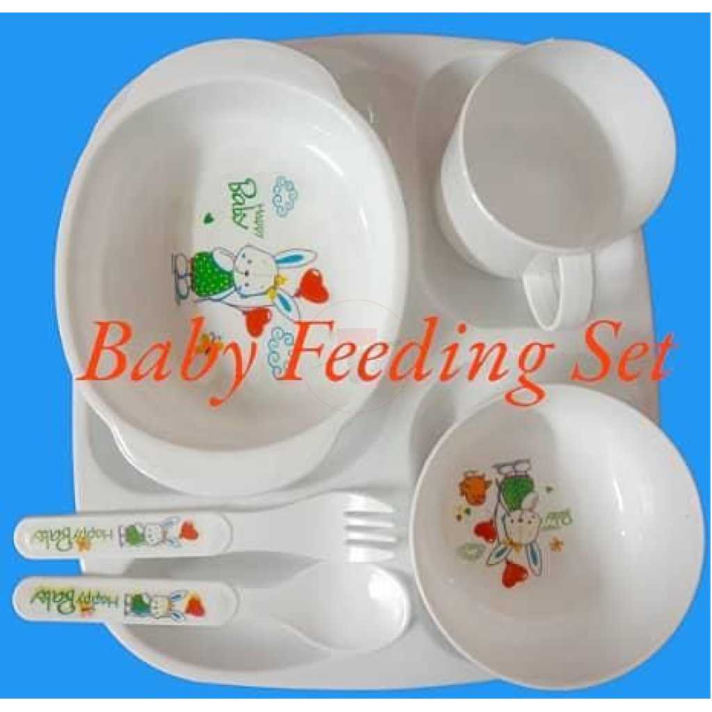 Children Tableware Dinner Set 6 in 1 Feeding Series Plate Cup Bowl Spoons Tray Gift Pack- White
