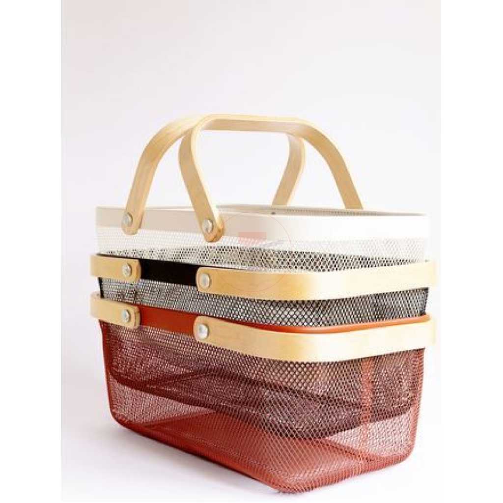 Rectangle Metal Mesh Fruit Shopping Wooden Handle Storage Basket- Multi-colour.