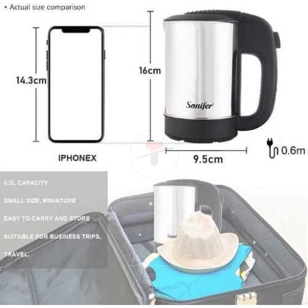 Sonifer 0.5 Litres Stainless Steel Mini Portable Electric Kettle For Travel Hotel Office And Home- Silver