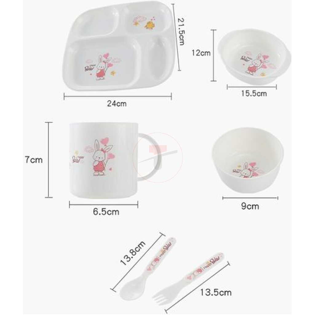 Children Tableware Dinner Set 6 in 1 Feeding Series Plate Cup Bowl Spoons Tray Gift Pack- White