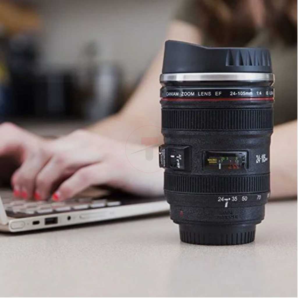 Photographer Camera Lens Coffee Mug -13.5oz Stainless Steel Thermos, Sealed & Retractable Lids! Photographer Travel Tea Cup - Black
