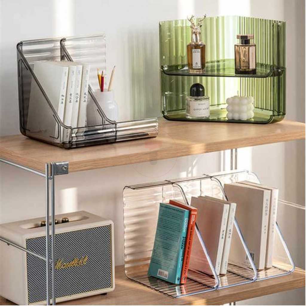 Home Accessories Office Bookshelf Standing Foldable Stationery Storage Holder Makeup Organizer- Clear