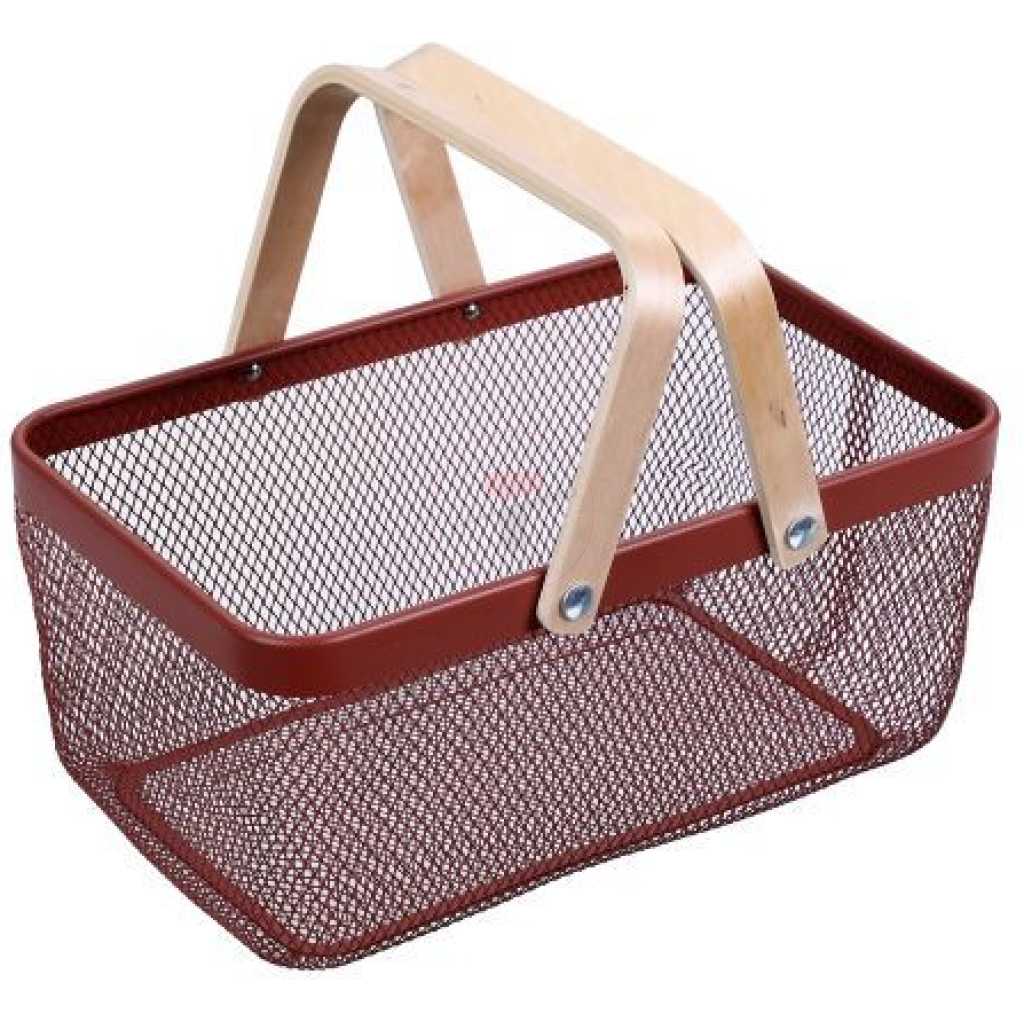 Rectangle Metal Mesh Fruit Shopping Wooden Handle Storage Basket- Multi-colour.