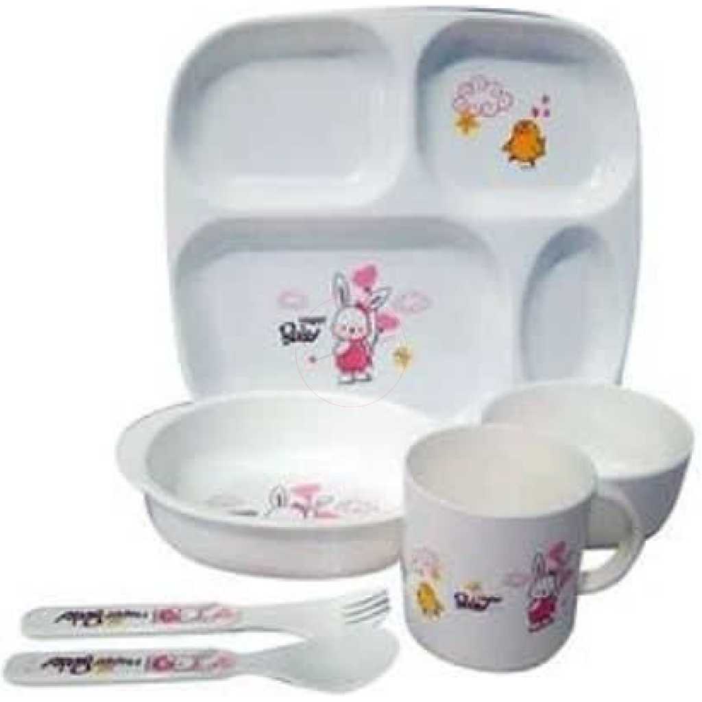 Children Tableware Dinner Set 6 in 1 Feeding Series Plate Cup Bowl Spoons Tray Gift Pack- White