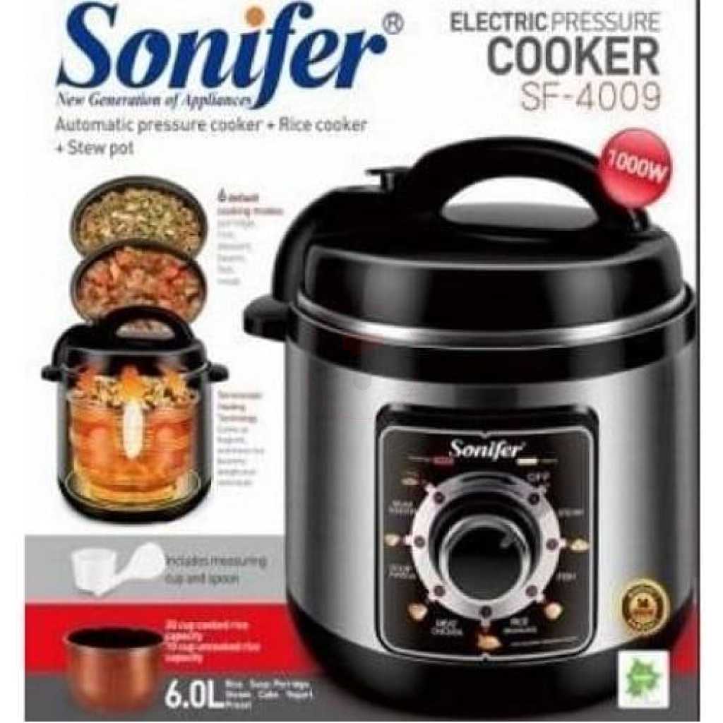 Sonifer Automatic 6L Multifunction High Power Stainless Steel Electric Pressure Cooker Rice Cooker Steamer- Silver.